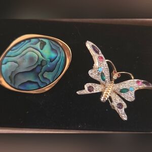 80s Gold and Multicolor Butterfly Brooch and Abalone Brooch